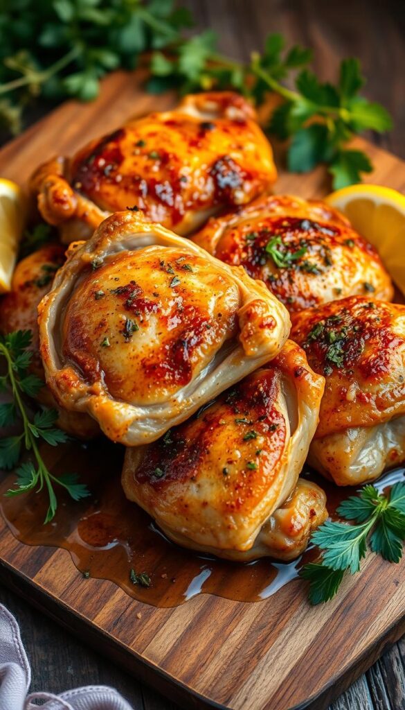A plate of juicy, bone-in chicken thighs, their skin glistening with a flavorful marinade. A perfect golden-brown crust sears the surface, locking in the succulent juices. The aroma of fragrant herbs and zesty citrus wafts through the air, inviting one to savor each tender bite. The chicken is artfully arranged on a rustic wooden board, surrounded by fresh herbs, lemon wedges, and a drizzle of the marinade, hinting at the depth of flavors within. Soft, warm lighting casts a cozy glow, creating an inviting and appetizing scene that captures the essence of "Flavorful Marinades for Chicken Thighs".