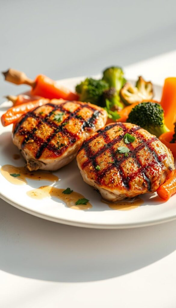 A plate of perfectly grilled, juicy chicken breasts, seasoned with a blend of aromatic herbs and spices, accompanied by a vibrant selection of roasted vegetables - carrots, broccoli, and bell peppers. The plate is set against a clean, minimalist background, bathed in soft, natural lighting that accentuates the dish's appetizing hues. A drizzle of light sauce adds a touch of glistening moisture, while a sprinkling of fresh herbs completes the visually appealing and nutritious meal.