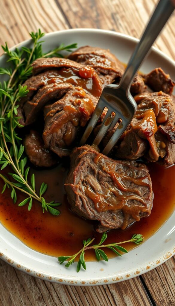 A plate of tender, slow-cooked chuck roast leftovers sits on a rustic wooden table, surrounded by fresh herbs and a light drizzle of rich, aromatic gravy. The meat is beautifully presented, with a fork gently piercing the tender surface, revealing the mouthwatering interior. The lighting is warm and inviting, casting a soft glow on the scene. The composition is balanced, with the plate positioned in the center, allowing the viewer to focus on the main subject. The atmosphere is one of comforting simplicity, hinting at the delicious meal that can be created from these flavorful leftovers.