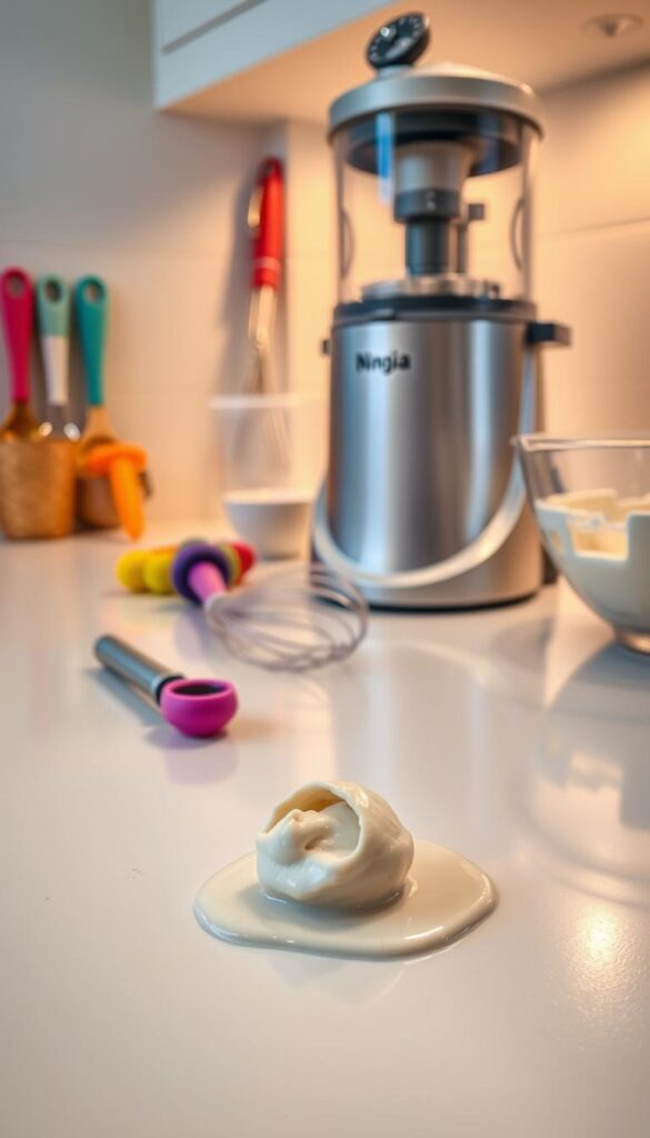 A pristine kitchen counter, bathed in soft, warm lighting. On the surface, an array of colorful ice cream scoops and tools - a ninja-style ice cream maker, a whisk, and a bowl with a swirling mixture. In the foreground, a lone scoop has tumbled, its creamy contents spilled in a delicate, artful pattern. The contrast of the imperfect "mistake" against the professional-grade equipment creates a sense of playfulness and charm. The overall scene evokes a mood of creativity, experimentation, and the joyful pursuit of delicious frozen treats.