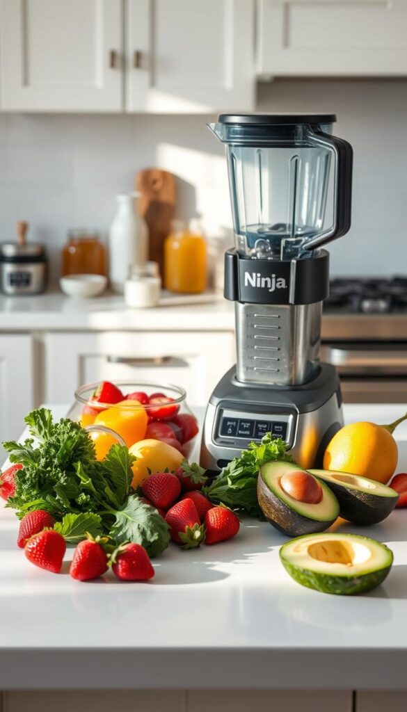 A pristine white kitchen counter, its surface gleaming under soft, natural lighting. In the foreground, a sleek, black Ninja blender stands ready, its blades glistening. Surrounding it, an array of fresh fruits and vegetables - ripe strawberries, vibrant kale, creamy avocado - await transformation into nourishing smoothies and creamy treats. In the background, jars of honey, almond milk, and other healthy ingredients suggest the endless possibilities for wholesome, delectable blender recipes. The scene evokes a sense of culinary creativity and wellness, perfectly capturing the spirit of "Ninja Blender Recipes for Smoothies and More".