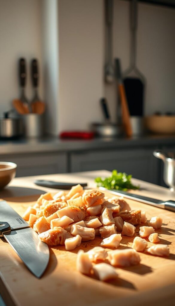 A professional kitchen countertop with freshly chopped chicken thighs, a chef's knife, and various cooking utensils. Warm, natural lighting illuminates the scene, casting soft shadows. In the background, a clean white wall and subtle hints of kitchen appliances create a minimalist, focused atmosphere. The composition highlights the essential techniques of trimming, seasoning, and preparing boneless, skinless chicken thighs for flavorful cooking. A sense of culinary expertise and attention to detail permeates the image.
