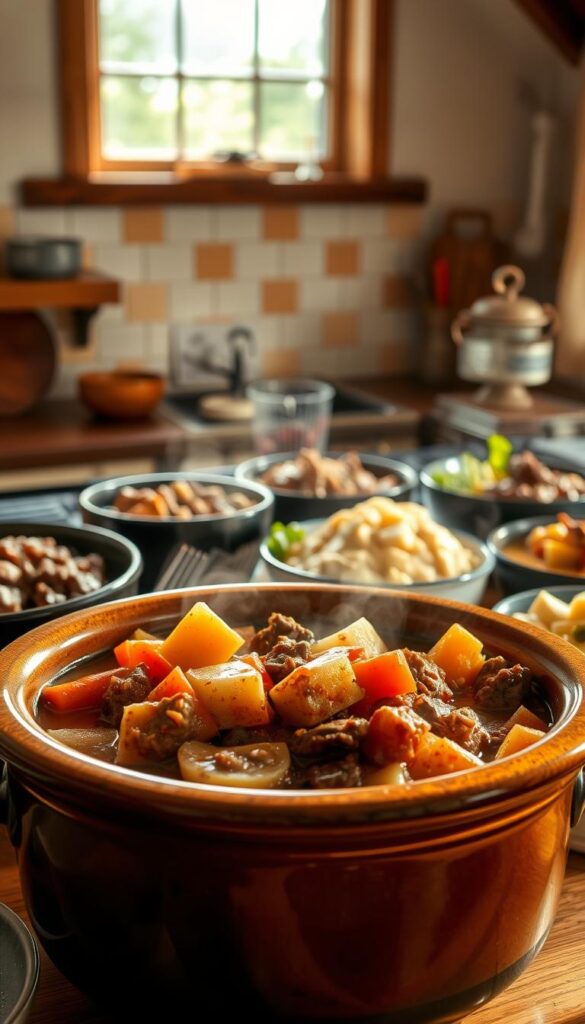 A richly detailed scene of savory slow cooker dishes, bathed in warm, natural lighting. In the foreground, a hearty beef stew simmers in a rustic ceramic crock pot, its fragrant steam rising. Chunks of tender beef, carrots, potatoes, and onions create a comforting, well-seasoned medley. In the middle ground, additional slow-cooked delights surround the centerpiece - a rich, burgundy-hued beef bourguignon, a creamy chicken and dumplings, and a fragrant lamb ragù. The background is a cozy, inviting kitchen, with a farmhouse-style tile backsplash, exposed wooden beams, and a cheerful window allowing soft, natural light to flood the space. The overall mood is one of warmth, nourishment, and the pleasures of unhurried, homemade comfort food.