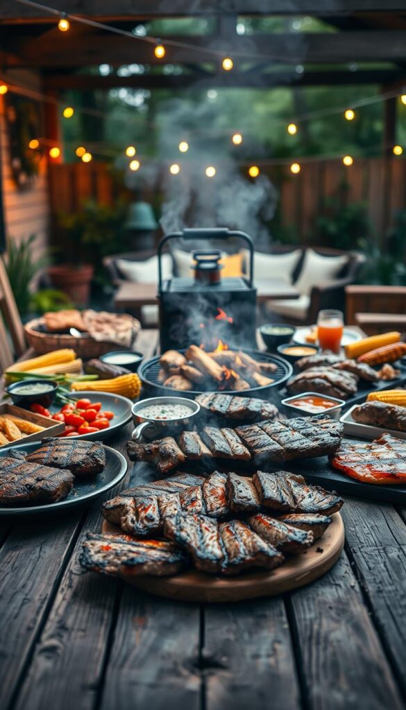 A rustic, backyard BBQ scene with an assortment of delectable grilled dishes. In the foreground, sizzling steaks, juicy burgers, and tender ribs rest on a weathered wooden table, accompanied by grilled vegetables, corn on the cob, and an array of savory sauces. In the middle ground, a charcoal grill emits a gentle, smoky haze, surrounded by lush greenery and string lights that cast a warm, convivial glow. The background features a cozy patio setup with comfortable seating, creating an inviting atmosphere for a casual, al fresco dining experience. Warm, natural lighting and a depth of field that blurs the edges, emphasizing the central culinary focus.