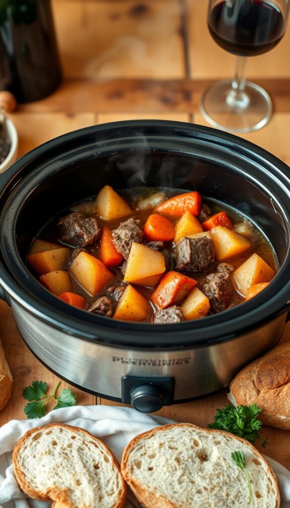 A rustic crock pot filled with hearty beef stew, simmered to perfection. Tender chunks of beef, carrots, potatoes, and onions in a rich, savory broth. Wisps of steam rise from the vessel, hinting at the aromatic blend of herbs and spices. The scene is illuminated by warm, natural lighting, casting a cozy glow. The crock pot is placed on a wooden table, surrounded by scattered ingredients - crusty bread, a sprinkle of fresh parsley, and a glass of red wine. This classic, comforting meal evokes the perfect balance of flavor and heartiness, ideal for a blustery autumn evening.