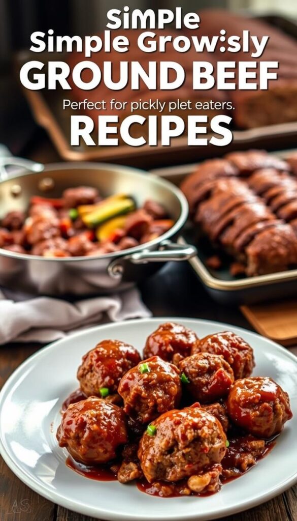 A rustic, home-cooked tableau of simple ground beef recipes, captured in natural, warm lighting. In the foreground, a plate showcases a hearty meatball dish, juicy and glistening. In the middle ground, a skillet sizzles with a classic beef and vegetable stir-fry, its aromas filling the air. The background features a baking sheet of comforting, beefy meatloaf, fresh from the oven. The scene conveys the effortless, family-friendly appeal of these uncomplicated, crowd-pleasing ground beef meals, perfect for picky eaters.