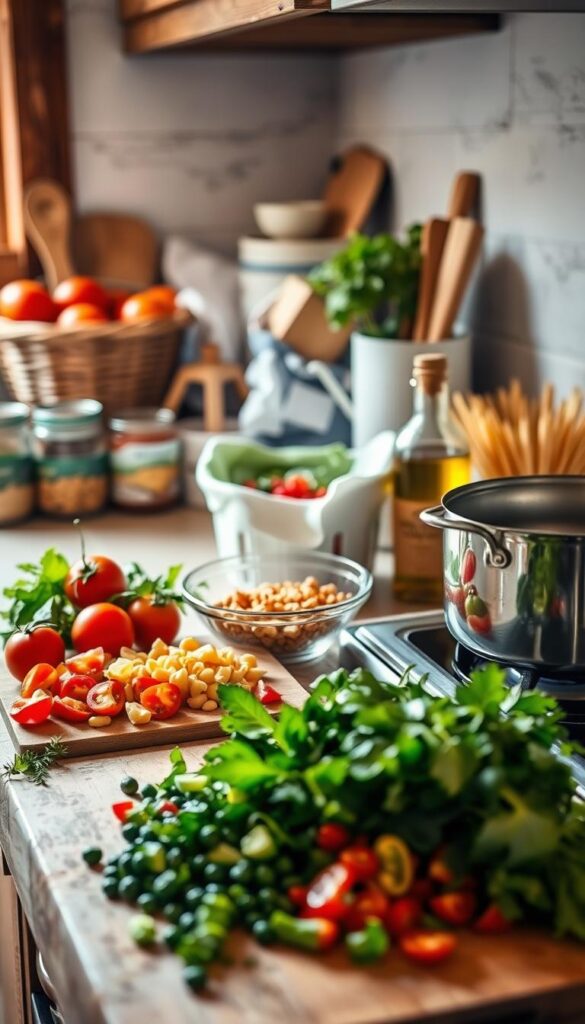 A rustic kitchen counter with an array of fresh, colorful ingredients. In the foreground, a cutting board with chopped vegetables and herbs, a saucepan simmering on the stovetop, and a few pantry staples like canned beans and whole-grain pasta. The middle ground features a basket of ripe tomatoes, a bowl of washed greens, and a jar of olive oil. The background suggests a warm, softly lit space with natural light filtering through a window, creating a comforting, homely atmosphere. The scene conveys the idea of quickly and easily assembling a nourishing, last-minute meal from simple, whole-food components.