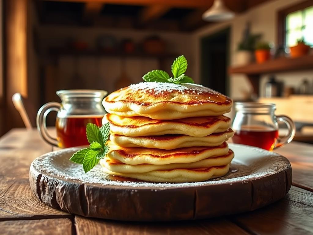 A rustic wooden table, bathed in warm, golden light, showcases a stack of fluffy, golden-brown mini pancakes. Crisp edges and a soft, pillowy center are highlighted by a light dusting of powdered sugar. Beside the pancakes, a small glass pitcher overflows with glistening maple syrup, and a sprig of fresh mint adds a vibrant pop of color. In the background, a cozy kitchen setting with exposed beams and a farmhouse-inspired aesthetic sets the scene for a delightful homemade breakfast. The overall mood is one of comfort, simplicity, and attention to detail - the perfect visual accompaniment to "Tips for Perfect Mini Pancakes".