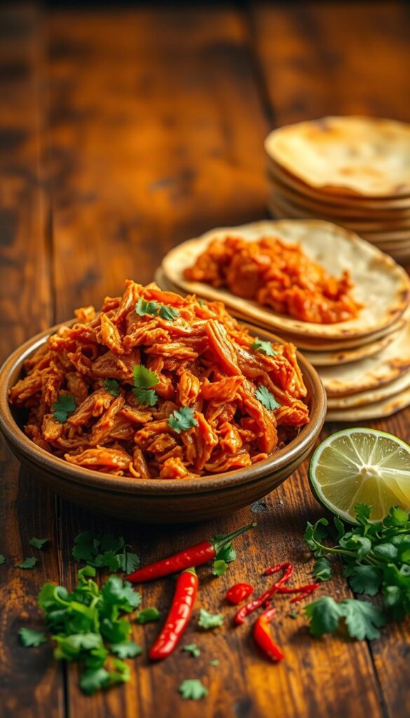 A rustic wooden table, its surface stained and weathered, serves as the backdrop for a mouthwatering display of spicy pulled chicken. The tender meat, shredded and glistening with a vibrant orange-red sauce, is piled high in a ceramic bowl, its aroma inviting. Alongside, a stack of warm, soft tortillas, their edges slightly charred, await their turn to be filled. The scene is illuminated by warm, golden lighting, casting a cozy glow and highlighting the rich textures of the ingredients. In the foreground, a scattering of freshly chopped cilantro, lime wedges, and a sprinkle of fiery red chili peppers add the final touches to this enticing culinary creation.