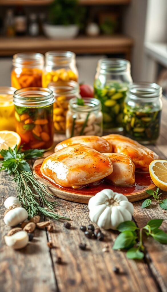 A rustic wooden table, its surface weathered and textured, is adorned with an array of glass jars and bowls, each containing a vibrant marinade. In the foreground, a selection of flavorful ingredients – sprigs of fresh herbs, garlic cloves, peppercorns, and citrus wedges – are artfully arranged, casting soft shadows. The middle ground features the star of the scene: boneless, skinless chicken thighs, marinating in a rich, aromatic mixture that glistens under the warm, natural lighting. The background is softly blurred, hinting at a cozy kitchen or dining space, allowing the focus to remain on the tantalizing display of marinades and seasonings, ready to transform the humble chicken into a flavorful masterpiece.
