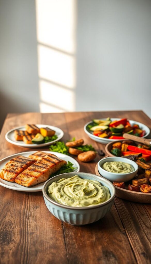A rustic wooden table set with an array of keto-friendly protein-rich dishes: a plate of grilled salmon filets, a bowl of creamy avocado-based dip, and a platter of roasted vegetables. Soft natural lighting from the side casts a warm glow over the scene, highlighting the vibrant colors and textures. In the background, a simple white wall provides a clean, minimalist backdrop that allows the delicious-looking meal to take center stage. The overall atmosphere is one of health, simplicity, and culinary delight - a visually appetizing representation of high-protein, low-carb recipes for special diets.