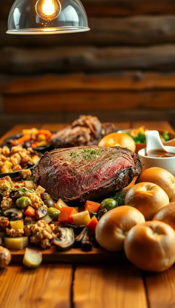 A rustic wooden table, the centerpiece a hearty roast beef, surrounded by an array of vibrant accompaniments. In the foreground, roasted potatoes, golden-brown and crisp. Beside them, a lush mound of savory stuffing, flecked with herbs. In the middle ground, a vibrant mix of sautéed vegetables - tender Brussels sprouts, caramelized carrots, and earthy mushrooms. In the background, a rich, velvety gravy glistens, ready to be drizzled over the feast. Soft, pillowy dinner rolls complete the scene, waiting to soak up every last drop. Lit by the warm glow of a farmhouse-style pendant light, this image captures the comforting essence of a perfect roast beef spread.