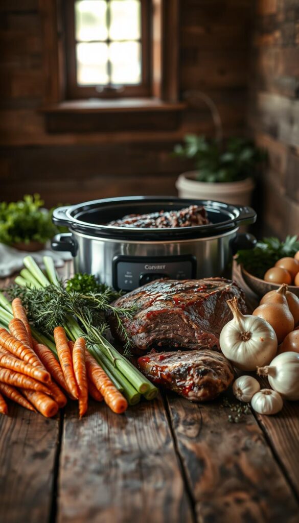 A rustic wooden table with a variety of healthy dietary options for a tender chuck roast. In the foreground, a selection of fresh vegetables including carrots, celery, onions, and potatoes, arranged neatly. In the middle ground, a slow cooker simmering with the savory aroma of the roast, surrounded by herbs and spices. In the background, a soft, natural lighting filters through a window, casting a warm, cozy glow over the scene. The mood is one of nourishment and comfort, inviting the viewer to imagine the satisfying flavors of a well-prepared chuck roast meal tailored to various dietary needs.
