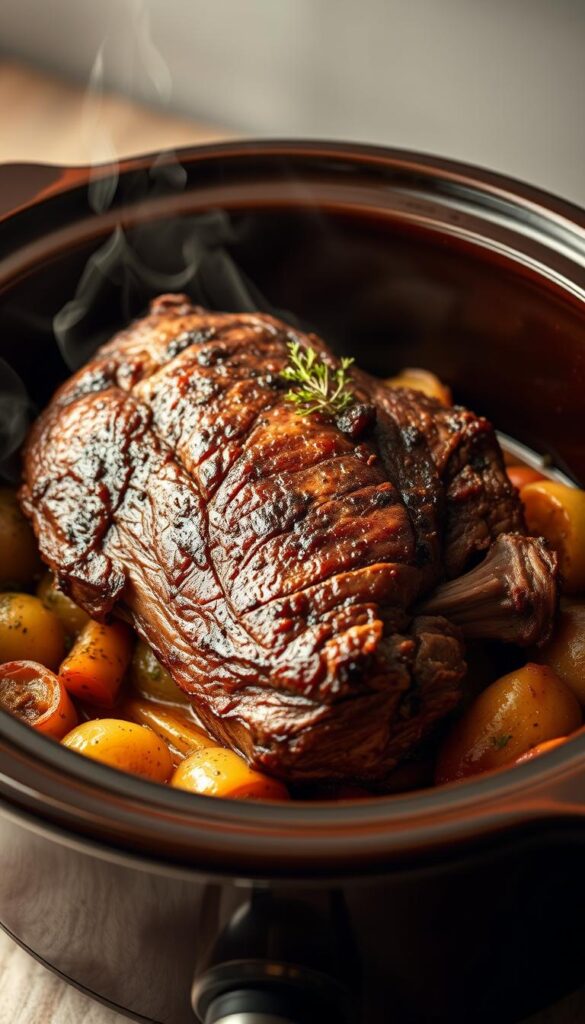 A savory and tender chuck roast slow-cooked to perfection, resting on a bed of aromatic vegetables in a rustic ceramic crock pot. The rich, caramelized meat glistens under soft, warm lighting, as steam gently rises, filling the air with the enticing aroma of garlic, herbs, and hearty, braised flavors. The scene is framed by a simple, uncluttered background, allowing the star of the dish to take center stage. The overall mood is cozy, comforting, and deeply appetizing, inviting the viewer to imagine the satisfying texture and flavor of this classic crock pot chuck roast recipe.