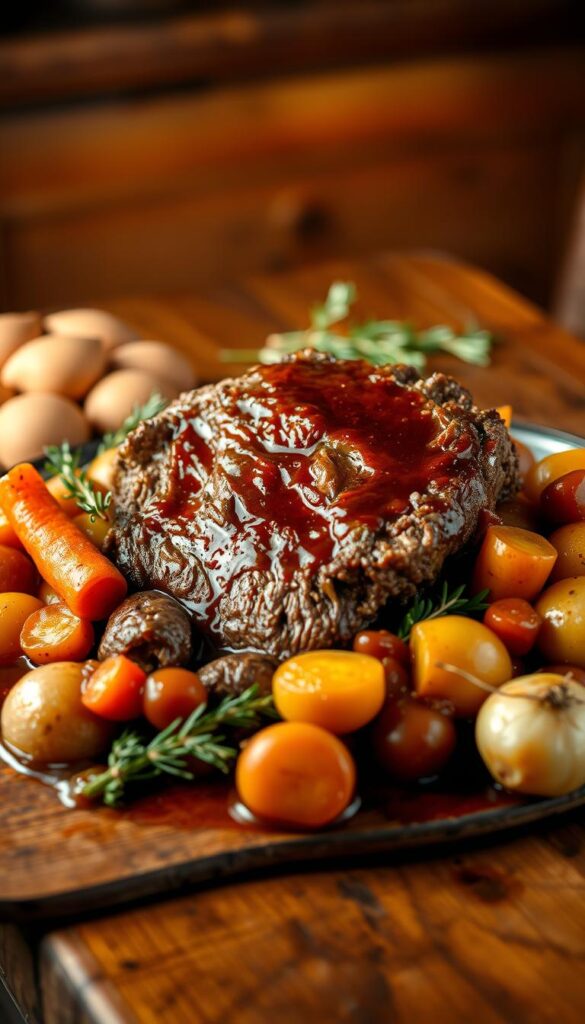 A savory pot roast crock pot dinner with tender beef, rustic vegetables, and rich gravy. The dish is presented on a sturdy wooden table, with a warm, earthy lighting illuminating the scene. The pot roast takes center stage, surrounded by a medley of carrots, potatoes, onions, and herbs, glistening with the flavorful braising liquid. The atmosphere is cozy and inviting, evoking the comforting aroma of a hearty, homemade meal. The composition is balanced, with the pot roast slightly elevated to draw the eye, while the supporting ingredients frame the scene. The overall mood is one of rustic, slow-cooked perfection, perfect for a satisfying crock pot dinner.