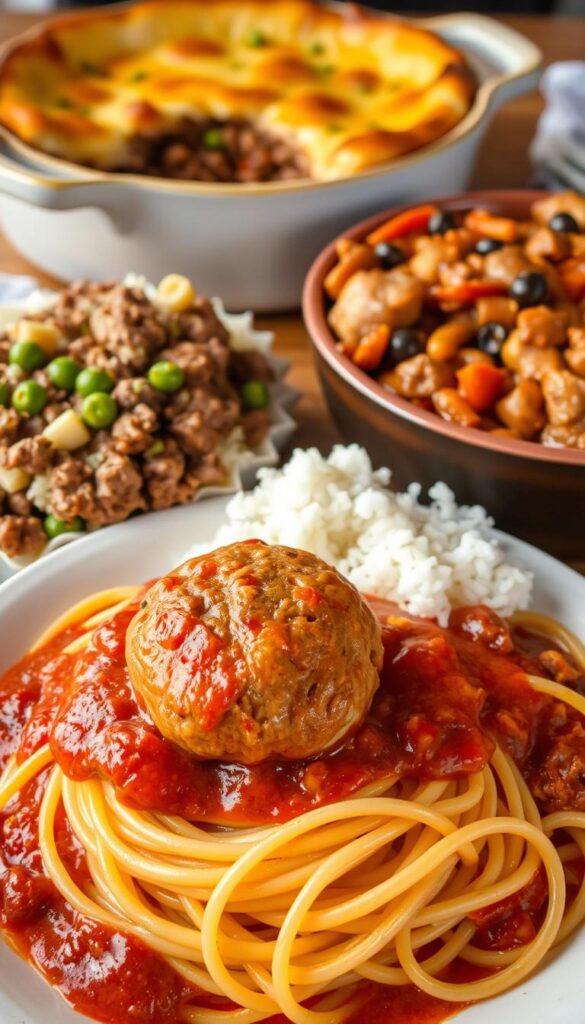 A scrumptious array of unique ground beef dishes, captured with a sharp focus and warm lighting. In the foreground, a juicy beef meatball sits atop a nest of al dente spaghetti, dressed in a rich, velvety marinara. To the side, a hearty beef stroganoff with tender chunks of meat and a creamy mushroom sauce, accompanied by fluffy white rice. In the background, a ground beef shepherd's pie, its golden-brown crust revealing a savory filling of minced beef, peas, and carrots, all nestled in a deep, ceramic baking dish. The scene exudes a cozy, homemade atmosphere, inviting the viewer to indulge in these delectable, one-of-a-kind ground beef creations.