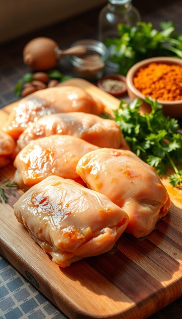 A set of mouthwatering boneless, skinless chicken thighs, arranged artfully on a wooden cutting board. The thighs are glistening with a delicate marinade, hinting at the flavorful potential within. The scene is bathed in warm, natural lighting, casting a golden glow and casting subtle shadows that accentuate the tender texture of the meat. In the background, a selection of fresh herbs, spices, and seasonings are visible, suggesting the diverse ways these versatile chicken thighs can be prepared. The overall composition exudes a sense of rustic elegance, inviting the viewer to imagine the delicious, tender, and juicy dishes that can be crafted from these boneless, skinless chicken thighs.