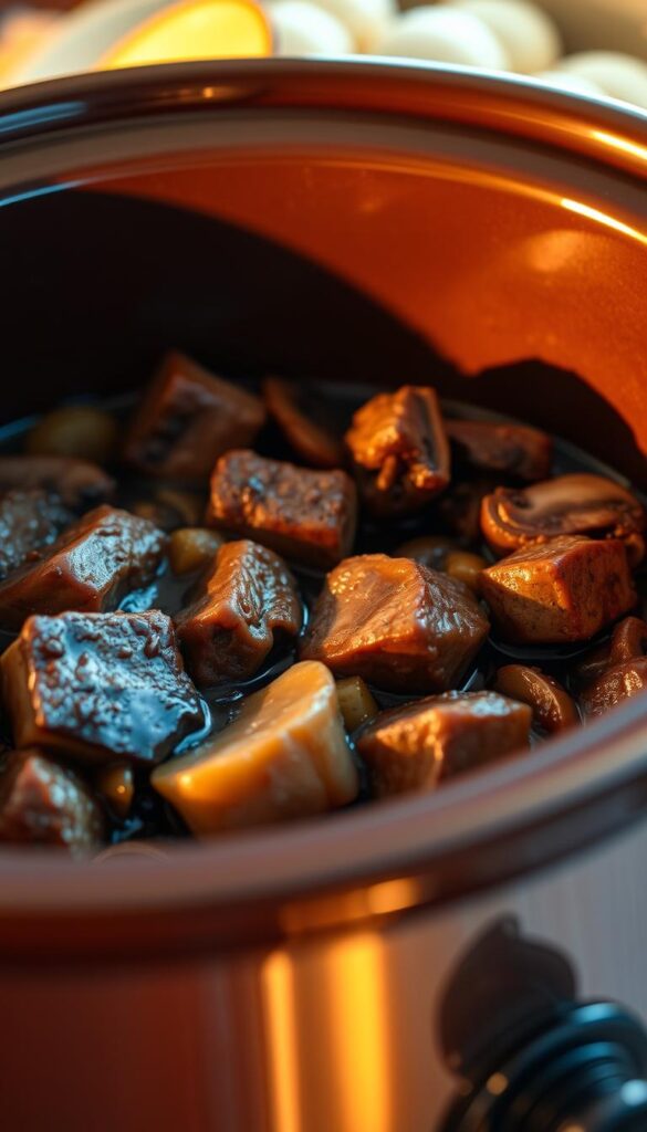 A simple but hearty crock pot beef tips dish, with tender pieces of beef slowly simmered in a rich, savory gravy. Chunks of beef, glistening with moisture, nestled among soft, caramelized onions and earthy mushrooms. The scene is illuminated by warm, golden lighting, casting a cozy, comforting glow. The crock pot itself, its ceramic surface glazed and reflecting the light, sits prominently in the foreground, hinting at the delicious meal to come. In the background, the scene is softly blurred, keeping the focus on the star of the dish - the succulent beef tips, ready to be served over fluffy mashed potatoes or buttered egg noodles.