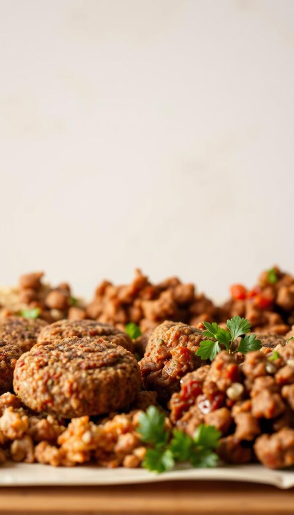 A simple, hearty meal of ground beef dishes with minimal ingredients. A neatly arranged selection of juicy beef patties, tender meatballs, and savory beef crumbles in the foreground, bathed in warm, soft lighting. Behind them, a clean, neutral background with subtle textures that allow the delicious dishes to take center stage. The overall mood is one of comforting, family-friendly fare - straightforward, wholesome, and easy to prepare. The composition is visually appealing, highlighting the textures and colors of the ground beef recipes in a way that makes them look irresistible.