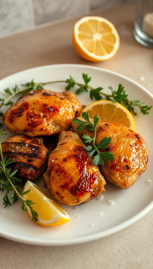 A simple, rustic kitchen scene showcasing a plate of savory chicken thighs with various aromatic garnishes. The thighs are glistening with a light golden-brown sear, accompanied by fresh herbs, lemon wedges, and a sprinkle of coarse salt. The scene is illuminated by soft, warm lighting, creating a comforting and approachable atmosphere. The composition emphasizes the simplicity and deliciousness of the dish, inviting the viewer to imagine its flavors. The camera angle is slightly elevated, providing a clean, uncluttered view of the plate to highlight the main subject. The background is a neutral, slightly blurred kitchen surface, allowing the chicken thighs to take center stage.