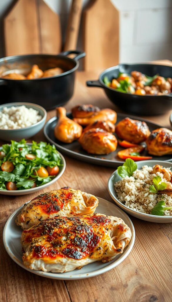 A simple, rustic spread of effortless chicken recipes on a wooden table. In the foreground, juicy roasted chicken breasts seasoned with herbs and spices, served alongside a tossed green salad with a light vinaigrette dressing. In the middle, golden-brown pan-seared chicken thighs with crispy skin, accompanied by a bowl of steamed rice and sautéed vegetables. In the background, a slow-cooked chicken and vegetable stew simmering in a cast-iron pot, its savory aroma filling the cozy kitchen. Soft, natural lighting casts a warm glow, highlighting the textures and colors of the dishes. The overall scene conveys a sense of comfort, ease, and wholesome, homemade goodness.