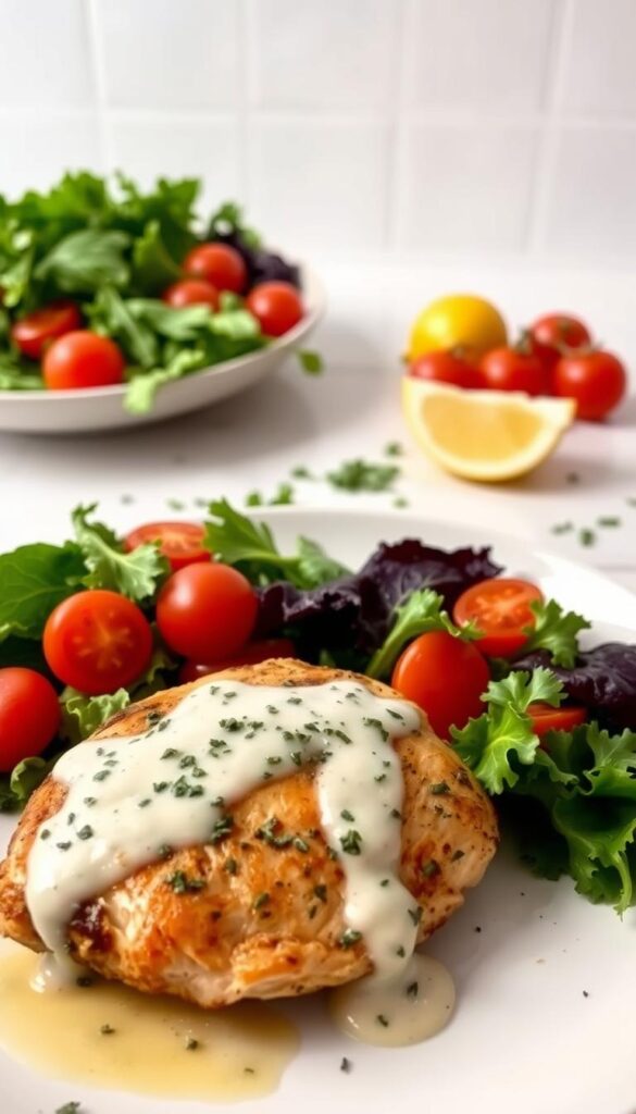 A simple yet flavorful chicken dish set against a clean, minimalist backdrop. In the foreground, a seared chicken breast drizzled with a creamy herb sauce, accompanied by a vibrant side salad of mixed greens and cherry tomatoes. The middle ground features a sprinkle of fresh herbs and a slice of lemon, lending a touch of brightness. The background is a neutral, softly-lit kitchen countertop, allowing the food to be the focal point. The overall mood is one of effortless elegance, capturing the essence of a quick, but impressive, weeknight meal.
