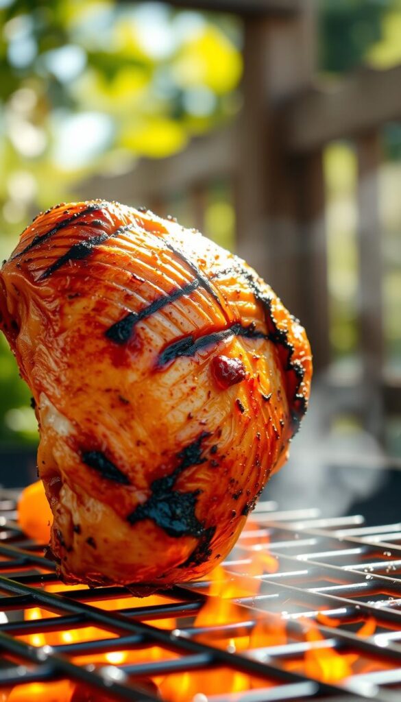 A sizzling, close-up shot of a juicy, golden-brown grilled bone-in chicken thigh, its crisp skin glistening in the warm summer sunlight. The thigh is perched atop a grill grate, charred lines tracing its edges, filling the frame with a mouthwatering, savory aroma. The lush, verdant background suggests a backyard setting, with hints of vibrant green foliage and the soft blur of a wooden fence or deck in the distance. The lighting is natural and diffused, casting a warm, inviting glow on the chicken, emphasizing its succulent texture and caramelized flavors. The composition highlights the thigh's striking visual appeal, drawing the viewer's attention to its juicy, tender meat and crisp, seasoned skin.