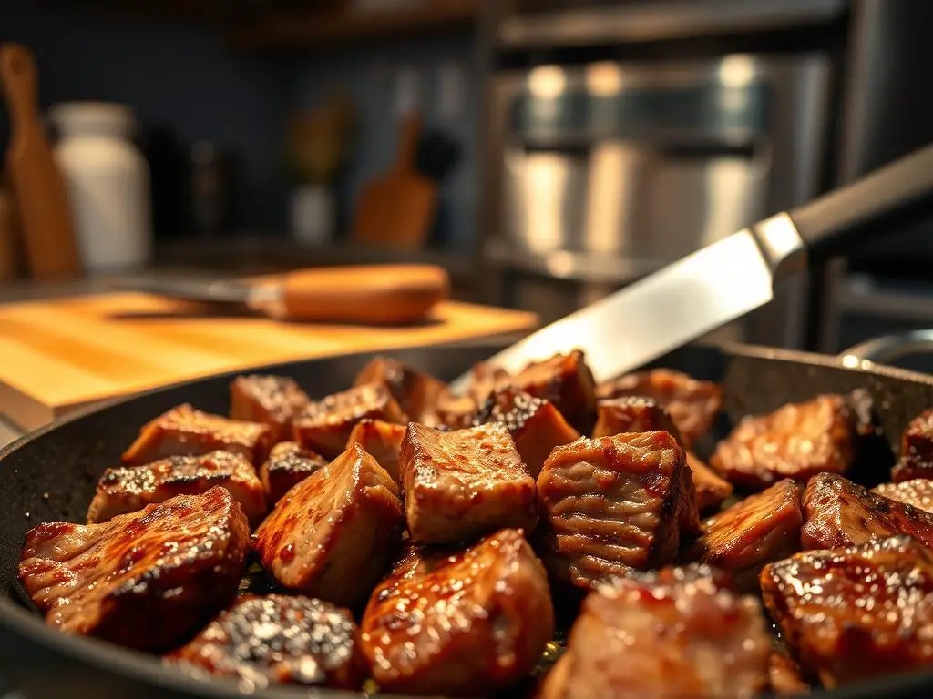 A sizzling pan of golden-brown, juicy steak tips, seared to perfection under a warm, soft lighting. The foreground showcases the tender, marbled meat with a delicious, caramelized crust, while the middle ground features a wooden cutting board and a chef's knife, alluding to the preparation process. The background subtly hints at a cozy, modern kitchen setting, with muted tones and subtle reflections on the stainless steel appliances. The overall atmosphere exudes a sense of culinary expertise and the anticipation of a mouthwatering meal.