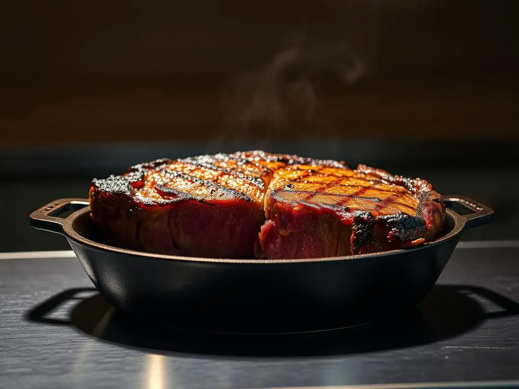 A sizzling, perfectly-seared New York strip steak, fresh off the cast-iron skillet. Glistening with a deep, golden-brown crust, the steak's interior is a mouthwatering medium-rare, with a vibrant pink center. Backlit by a warm, dramatic spotlight, casting dramatic shadows that accentuate the steak's rugged texture. The skillet sits atop a sleek, stainless steel surface, surrounded by a minimalist, modern kitchen setting. The composition emphasizes the steak's central focus, with a clean, uncluttered background that allows the sear to shine. Moody, cinematic lighting creates an air of culinary mastery, inviting the viewer to imagine the succulent flavors and satisfying crunch of this expertly prepared cut of meat.