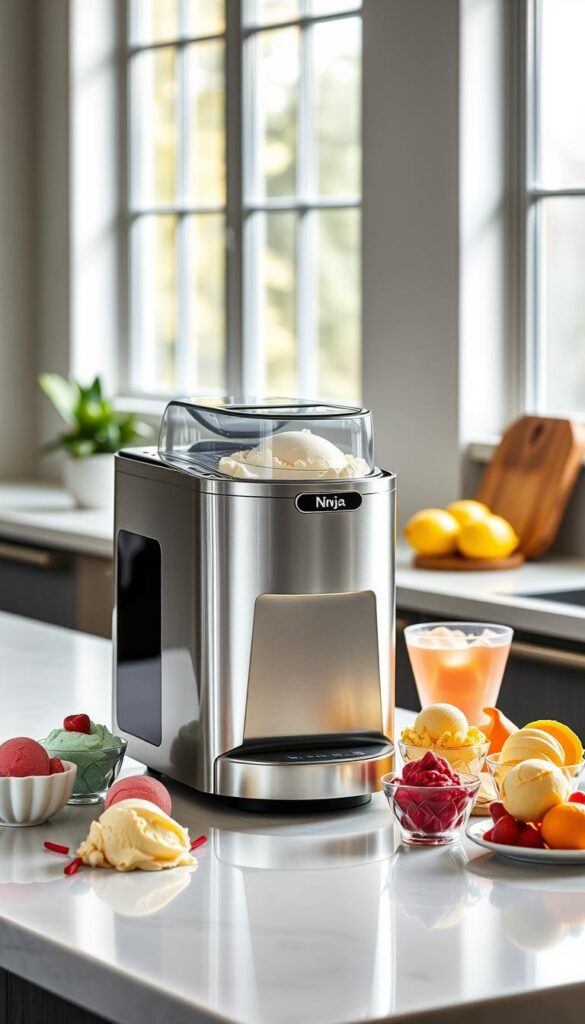 A sleek, modern kitchen counter showcases a gleaming Ninja Creami ice cream maker, surrounded by a variety of vibrant frozen treats. The appliance's clean lines and minimalist design take center stage, illuminated by soft, natural lighting that filters in through large windows. Colorful scoops of ice cream, sorbet, and other frozen concoctions are artfully arranged nearby, hinting at the delicious possibilities of this innovative device. The overall scene conveys a sense of culinary exploration and the joy of creating homemade frozen desserts, inviting the viewer to discover the Ninja Creami's capabilities and the endless flavors it can produce.