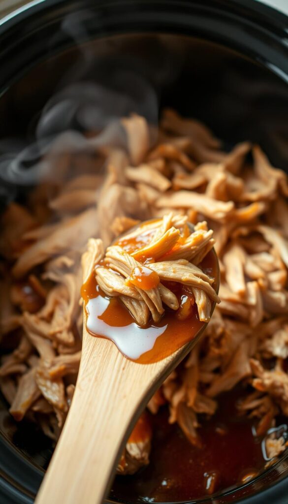 A slow cooker filled with tender, shredded chicken, the skin glistening with a light glaze as steam rises from the bubbling juices. The chicken is piled high, ready to be scooped out and served. In the foreground, a wooden spoon rests on the edge of the crock pot, dripping with the savory sauce. Soft, diffused lighting illuminates the scene, casting warm shadows that add depth and texture. The background is blurred, allowing the viewer to focus on the star of the dish - the delicious, easy-to-prepare pulled chicken.
