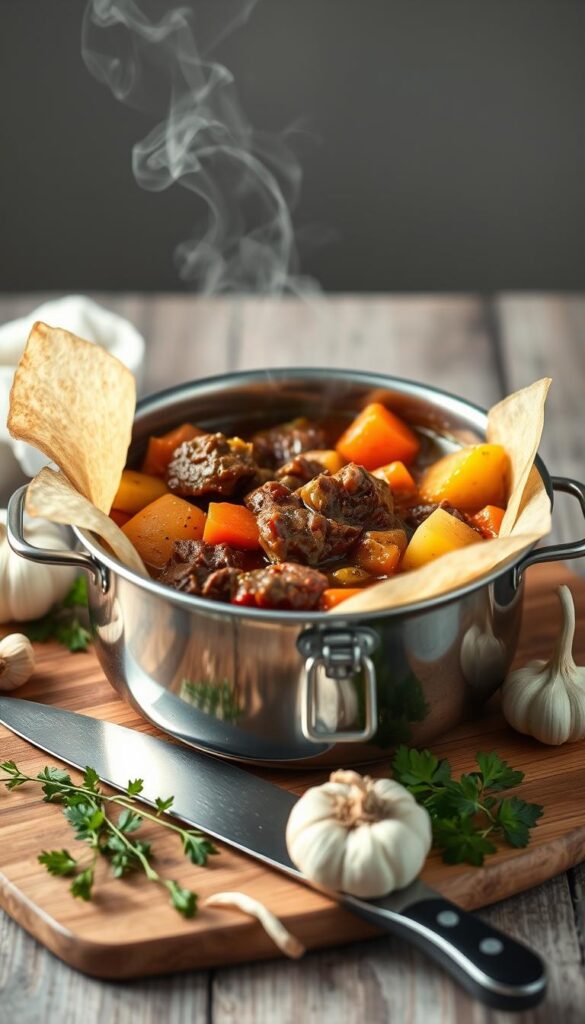 A stainless steel container filled with a hearty, aromatic beef stew. The stew features tender chunks of beef, carrots, potatoes, and a rich, savory broth. Wisps of steam rise from the container, hinting at the comforting warmth within. The container sits atop a wooden cutting board, surrounded by fresh herbs, garlic, and a chef's knife, suggesting a recent culinary preparation. Soft, even lighting casts a cozy glow on the scene, creating an inviting and appetizing atmosphere. The composition emphasizes the meal's homemade quality and the ease of freezing and storing this nourishing dish for busy nights.