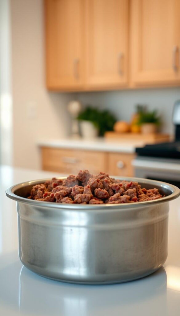 A stainless steel container filled with freshly cooked ground beef sits on a clean kitchen counter, its contents slightly steaming. The lighting is soft and diffused, creating a warm, homely atmosphere. The container is positioned in the foreground, with a blurred background of kitchen cabinets and appliances, hinting at a well-organized and tidy space. The ground beef appears moist and flavorful, ready to be repurposed into a delicious, family-friendly meal. The overall scene conveys a sense of thoughtful preparation and attention to food storage best practices.
