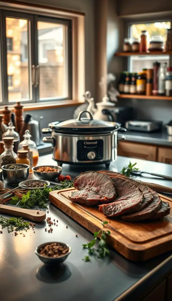 A stainless steel kitchen counter, bathed in warm, natural lighting from a large window. In the foreground, a freshly carved roast beef sits atop a wooden cutting board, surrounded by a variety of herbs, spices, and cooking tools. In the middle ground, a crock pot simmers with aromatic juices, steam gently rising. The background features shelves stocked with pantry staples, hinting at the wealth of knowledge and expertise needed to craft the perfect roast beef. The composition evokes a sense of culinary mastery, inviting the viewer to discover the secrets to achieving the best results.