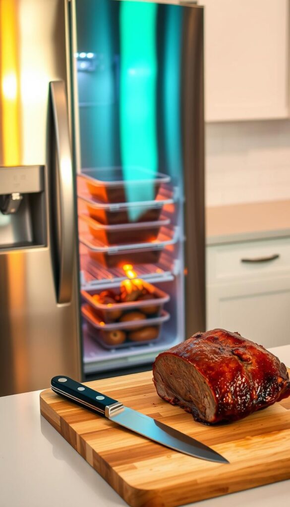 A stainless steel refrigerator stands in a neatly organized kitchen, its door slightly ajar to reveal containers of leftover pot roast on the middle shelf. Warm, soft lighting casts a cozy glow, highlighting the tender meat's rich, caramelized edges. In the foreground, a clean cutting board and sharp knife wait, ready to portion the succulent roast for easy reheating and serving. The background features clean white countertops and subway tile, creating a minimalist, inviting atmosphere perfect for preserving the comforting flavors of a homemade pot roast.