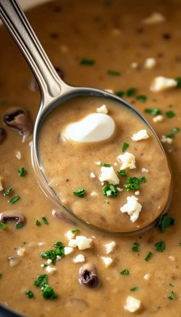 A stainless steel spoon slowly stirring a creamy, golden-brown mushroom soup, gently folding in a sprinkle of finely chopped fresh parsley, a drizzle of rich, velvety heavy cream, and a light dusting of crumbled feta cheese. The scene is captured in a soft, warm lighting, with a slight depth of field blur, creating a cozy, inviting atmosphere, perfectly suited to complement the "Gourmet Add-Ons for Your Soup" section of the "Creamy Mushroom Soup Recipes You'll Love" article.