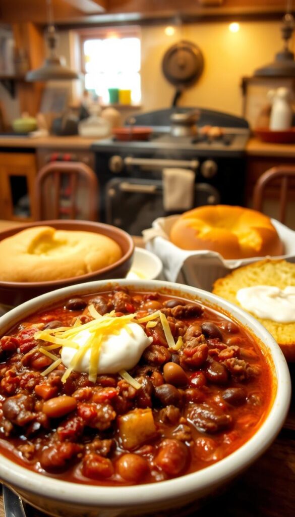A steaming bowl of chili, the rich aroma of simmered ground beef, tomatoes, and spices filling the air. In the foreground, a thick, hearty mixture with chunks of tender meat, kidney beans, and a hint of smokiness from the chipotle. A sprinkle of grated cheddar cheese and a dollop of sour cream add the perfect finishing touches. The middle ground features crusty, buttered cornbread, its golden crust complementing the depth of the chili. In the background, a cozy kitchen setting with warm lighting, wooden beams, and a vintage stove, creating a comforting, homey atmosphere. This is the quintessential ground beef chili dish, a family favorite that embodies comfort and nourishment.