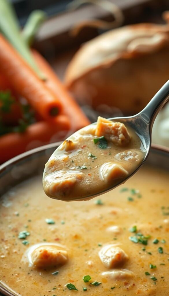 A steaming bowl of cream of chicken soup, its golden broth infused with the savory essence of roasted chicken, garlic, and aromatic herbs. In the foreground, a spoonful of the soup reveals its rich, velvety texture, while the background showcases fresh vegetables like carrots, celery, and onions, symbolizing the soup's nutritional benefits. The lighting is warm and inviting, casting a gentle glow on the scene, creating a cozy and comforting atmosphere. The camera angle is slightly elevated, providing a visually appealing perspective that draws the viewer in, enticing them to savor the nourishing and delectable creation.