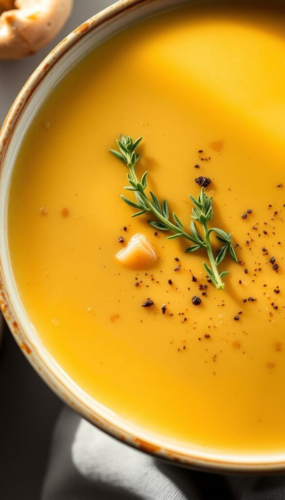 A steaming bowl of creamy, golden-hued vegetarian "cream of chicken" soup, garnished with delicate sprigs of fresh thyme and a sprinkle of cracked black pepper. The soup's velvety texture is achieved through the use of pureed cauliflower and cashews, creating a rich, satisfying mouthfeel. Soft, sautéed mushrooms and diced carrots provide subtle earthy tones, while a hint of garlic and onion round out the savory flavor profile. Captured in natural lighting, the soup is presented against a simple, neutral background, allowing the vibrant color and inviting appearance to take center stage.