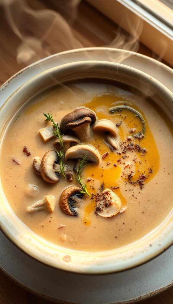 A steaming bowl of exotic mushroom soup, its creamy broth infused with the earthy aromas of chanterelle, shiitake, and oyster mushrooms. The surface glistens with a drizzle of fragrant truffle oil, while slivers of fresh thyme and a sprinkle of cracked black pepper add depth and complexity. The light from a nearby window casts a warm, golden glow, illuminating the vibrant colors and textures of the ingredients. The bowl is set against a minimalist, rustic backdrop, perhaps a weathered wooden table or a simple ceramic plate, allowing the soup to take center stage. The overall atmosphere is one of comfort, indulgence, and a celebration of the diverse and fascinating world of fungi.