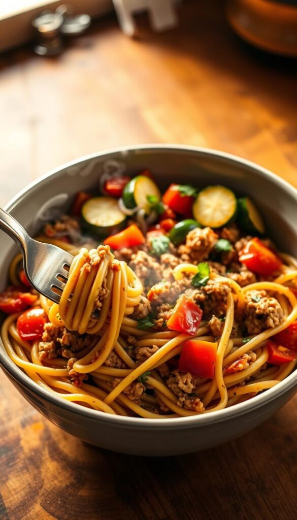 A steaming bowl of freshly cooked ground turkey pasta, illuminated by warm, golden lighting. In the foreground, the pasta twirls around forkfuls of savory ground turkey, complemented by vibrant, diced tomatoes and herbs. The middle ground features a selection of fresh, seasonal vegetables - perhaps sautéed zucchini, bell peppers, and onions - adding depth and texture to the dish. In the background, a rustic, wooden table sets the stage, evoking a cozy, home-cooked ambiance. The overall scene exudes a comforting, inviting atmosphere, perfectly capturing the essence of a delightful ground turkey pasta dinner.