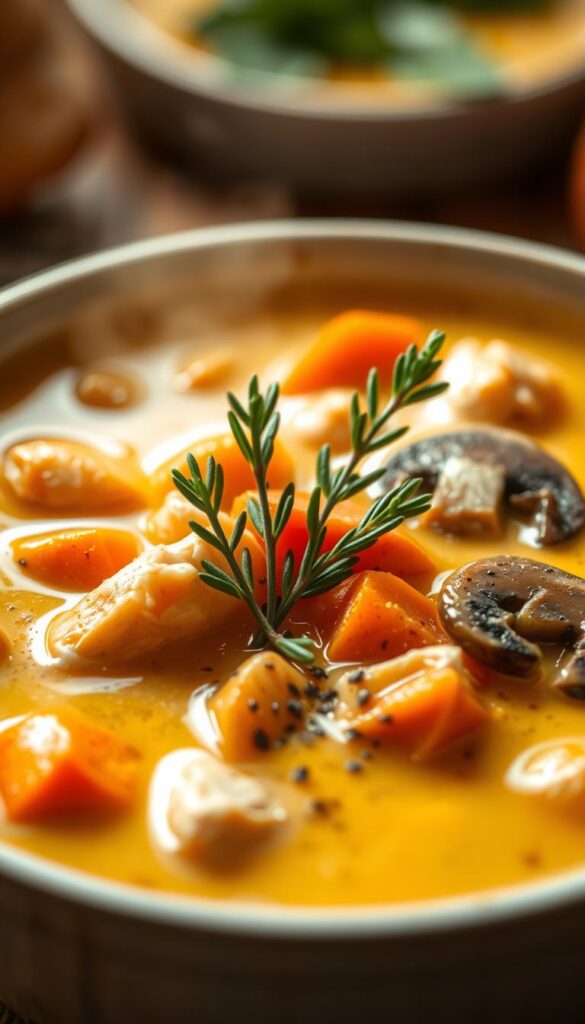 A steaming bowl of healthy cream of chicken soup, shot with a shallow depth of field. The foreground features a golden, creamy broth infused with tender chicken pieces, vibrant carrots, and earthy mushrooms. The middle ground showcases a sprig of fresh thyme and a sprinkle of cracked black pepper, adding depth and complexity to the dish. The background is softly blurred, highlighting the soup's comforting and nourishing qualities. The lighting is warm and inviting, casting a gentle glow over the scene, creating a welcoming and appetizing atmosphere.