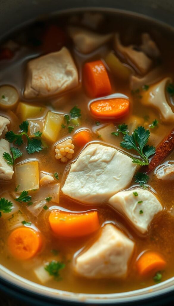 A steaming bowl of homemade chicken soup, the rich broth infused with the savory aroma of simmering boneless, skinless chicken breasts. Tender chunks of white meat float alongside a medley of vibrant vegetables - carrots, celery, onion, and parsley - creating a hearty, comforting scene. Soft, pillowy noodles or dumplings add texture, while a light scattering of fresh herbs elevates the dish. Captured in a warm, diffused light that accentuates the soup's inviting hues, this image conveys the essence of a delectable chicken breast soup recipe, perfectly suited to illustrate a "Chicken Breast Soup Recipes" section.