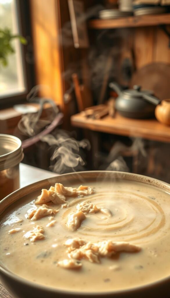 A steaming bowl of slow-cooked cream of chicken soup, set against a backdrop of a rustic kitchen. The soup's surface is dotted with tender shredded chicken and a swirl of thick, creamy broth. Wisps of steam rise from the bowl, illuminated by warm, natural lighting filtering in through a nearby window. The scene has a cozy, homemade atmosphere, with hints of herbs and spices in the air. The bowl is placed on a wooden table, surrounded by simple kitchen accoutrements, conveying a sense of hearty, comforting preparation. The overall mood is one of nourishment and genuine, homespun delight.