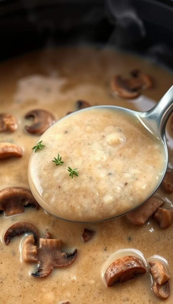 A steaming, creamy bowl of slow-cooked mushroom soup, the rich aroma filling the air. A hearty medley of earthy mushrooms, simmered to perfection in a silky broth, garnished with delicate thyme sprigs. The warm, comforting scene is illuminated by soft, natural lighting, casting a gentle glow over the scene. The soup's velvety texture invites the viewer to take a spoonful, savoring the depth of flavors that have developed over hours of slow, careful cooking. This is a moment of pure culinary bliss, a homemade masterpiece that captures the essence of a comforting, nourishing slow cooker cream of mushroom soup.