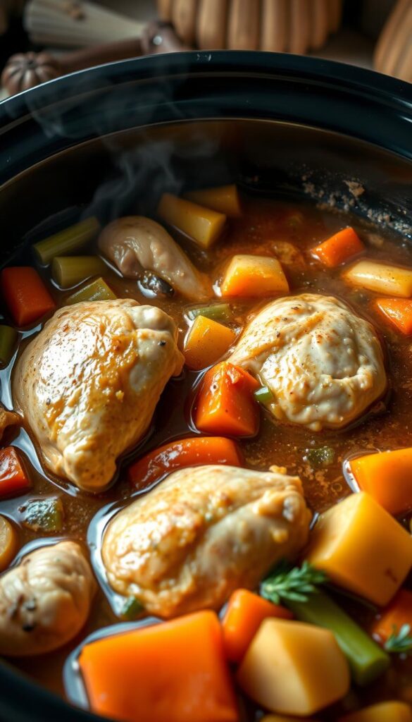 A steaming crockpot filled with a hearty chicken stew, vegetables simmering in a rich, savory broth. The foreground features tender chicken thighs, carrots, celery, and potatoes, arranged in an appetizing manner. The middle ground showcases the bubbling stew, with hints of herbs and spices adding depth of flavor. In the background, a rustic kitchen setting with wooden accents and muted tones, creating a cozy, homemade atmosphere. Soft, natural lighting illuminates the scene, casting gentle shadows and highlighting the appetizing textures. The overall mood is comforting and inviting, evoking the simple pleasures of a wholesome, easy-to-prepare crockpot meal.
