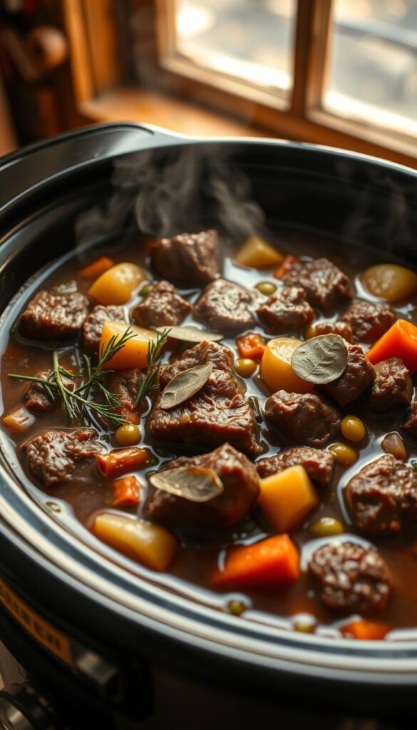 A steaming crockpot of savory beef stew, the tender chunks of meat resting in a rich, aromatic broth. Sprigs of fragrant thyme, rosemary, and bay leaves dance across the surface, their earthy scents mingling with the deep, beefy notes. Specks of garlic, onion, and a medley of colorful vegetables - carrots, potatoes, and peas - create a visually captivating and mouthwatering scene, illuminated by warm, natural lighting from a rustic kitchen window. The stew's bubbling surface reflects the gentle glow, inviting the viewer to imagine the comforting, homemade flavors within.