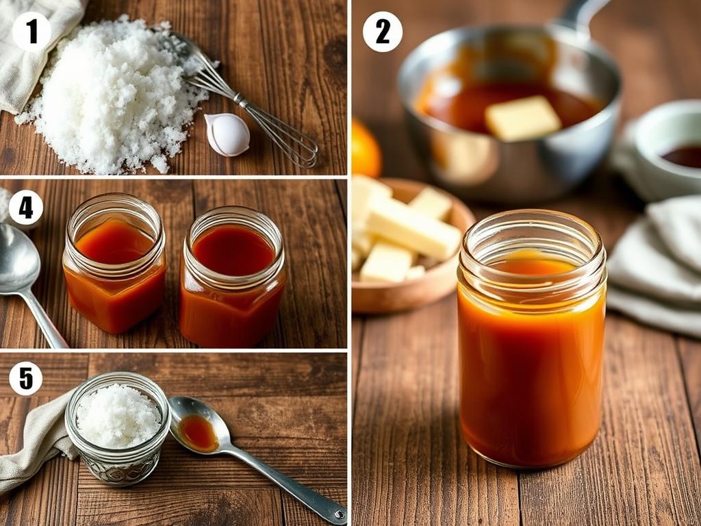 A step-by-step instructional image for making homemade caramel sauce. On a rustic wooden surface, a series of clear glass jars showcase the process - sugar melting into a deep amber caramel, slowly simmering with a pat of butter, then being carefully poured into a final jar. Warm, soft lighting casts a cozy glow, highlighting the rich, glossy texture of the caramel. Ingredients like a saucepan, whisk, and spoon are arranged neatly around the jars, complementing the simple, elegant composition. The overall mood is inviting and approachable, guiding the viewer through the satisfying task of crafting this classic, indulgent sauce.