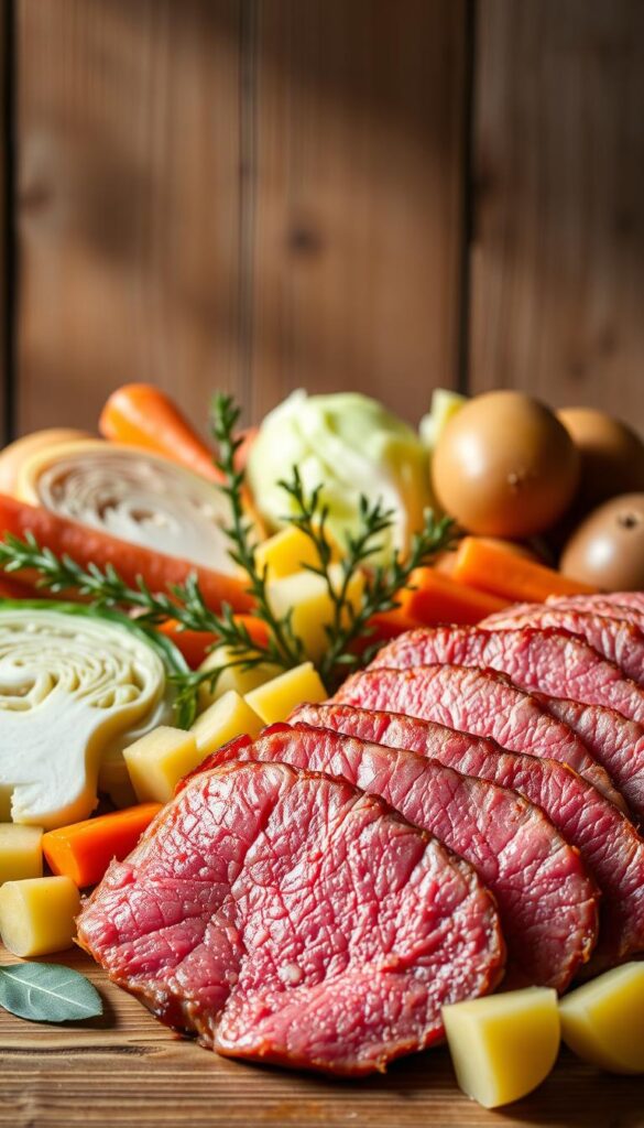 A still life arrangement capturing the essential ingredients for classic corned beef recipes. In the foreground, thick-cut slices of cured corned beef brisket, glistening with a touch of fat. Surrounding the meat, an array of aromatic vegetables - halved cabbage, carrot sticks, and quartered potatoes. In the middle ground, sprigs of fresh thyme and bay leaves, their earthy scents wafting through the scene. The background features a rustic wooden surface, casting a warm, natural glow across the composition. Subtle side lighting accentuates the textures and colors, creating a sense of depth and dimension. This culinary still life evokes the hearty, comforting flavors of a slow-cooked corned beef dish.