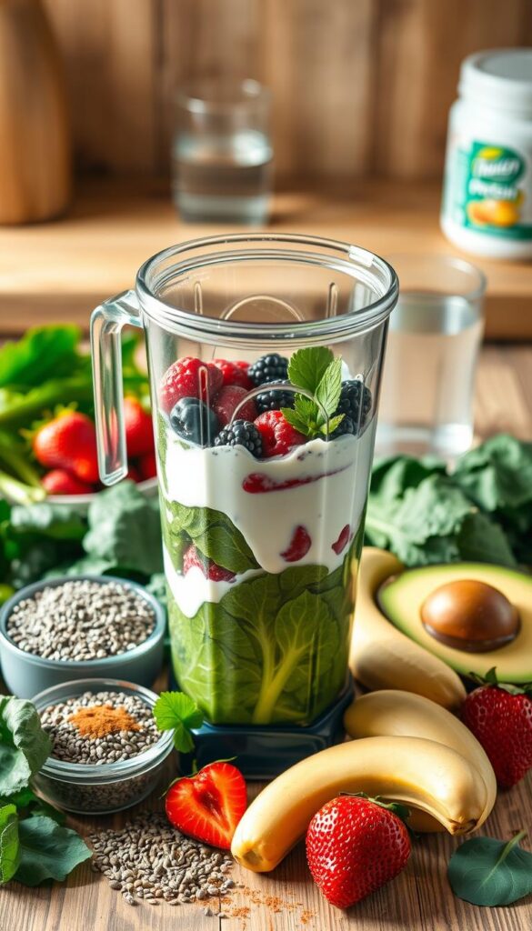 A still life arrangement of various protein smoothie ingredients, bathed in soft, natural lighting. In the foreground, a blender filled with a vibrant blend of greens, berries, and creamy yogurt. Surrounding it, an array of superfood toppings - chia seeds, hemp hearts, sliced bananas, and a sprinkling of cinnamon. In the middle ground, fresh produce - kale, spinach, strawberries, and a half-sliced avocado. In the background, a wooden countertop with a glass of water and a protein powder container. The overall mood is clean, healthy, and inviting, capturing the essence of a nourishing protein smoothie.